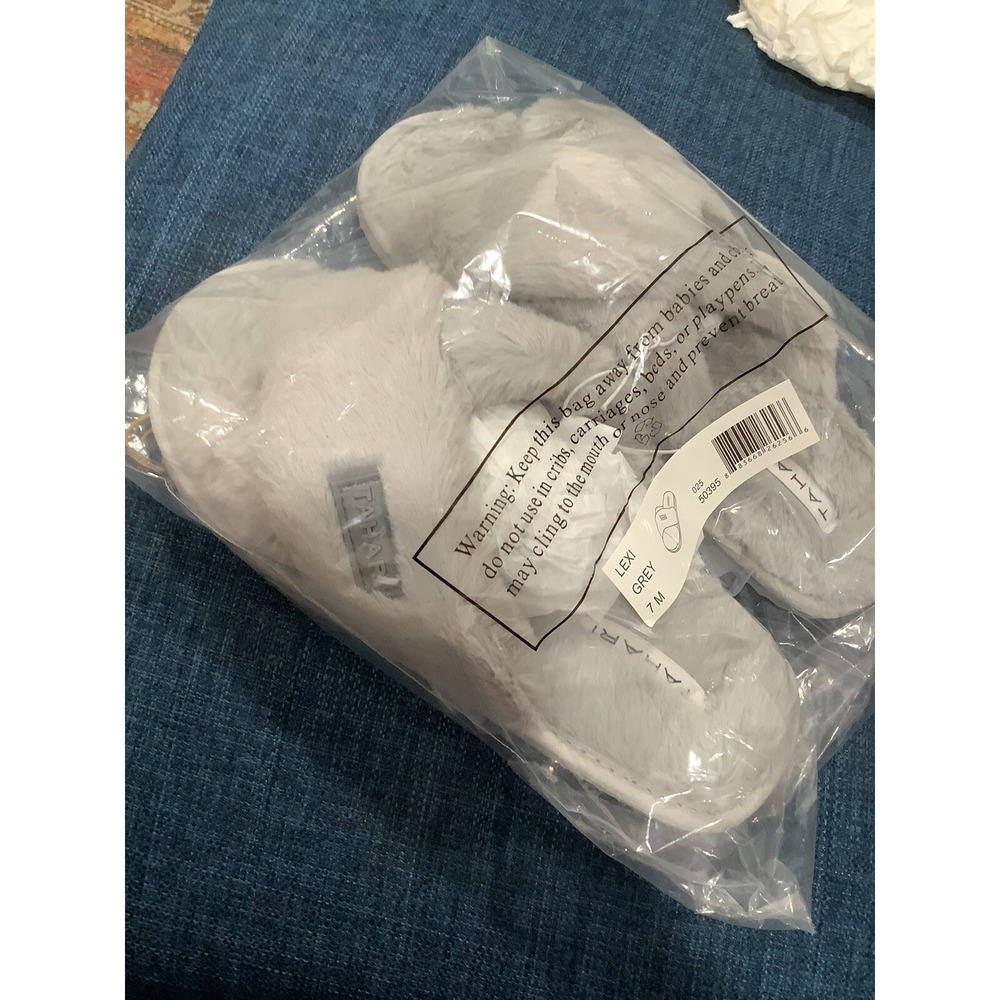 Tahari - Faux Fur Lexi Gray Crisscross Slippers, Size 7M - NEW ~ MSRP $48